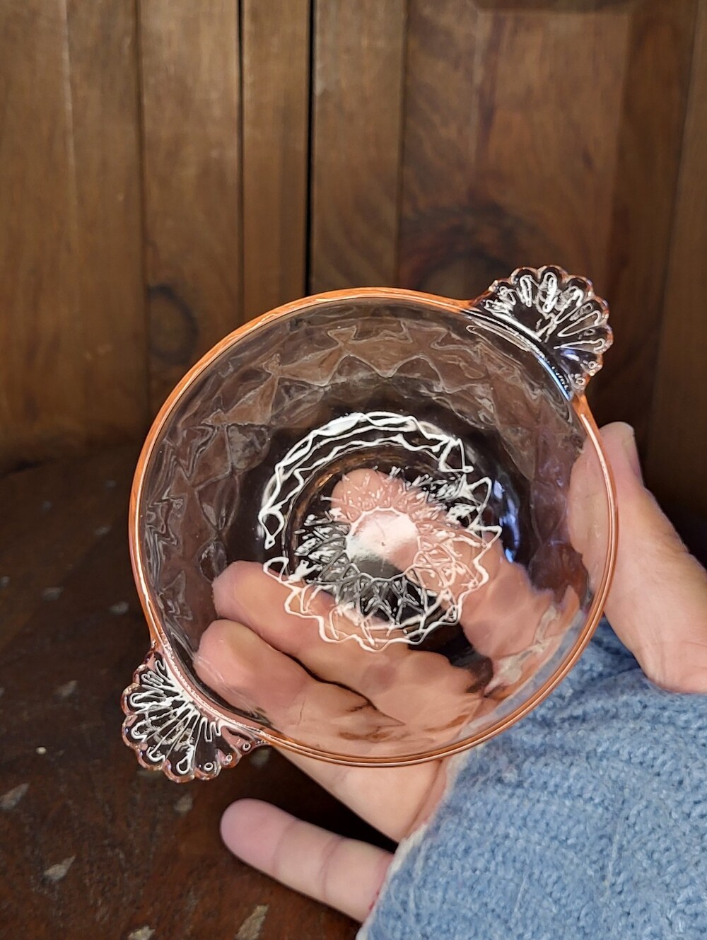Vintage Pink Glass Two-Handled Dish